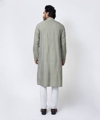 Grey cotton silk mens kurta set 3