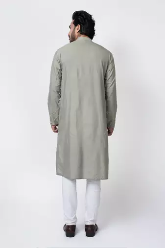 Grey cotton silk mens kurta set