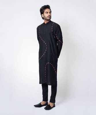Black cotton silk mens kurta set 2