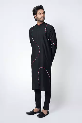 Black cotton silk mens kurta set