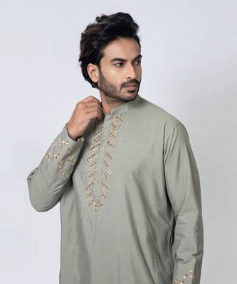 Grey cotton silk mens kurta set 4