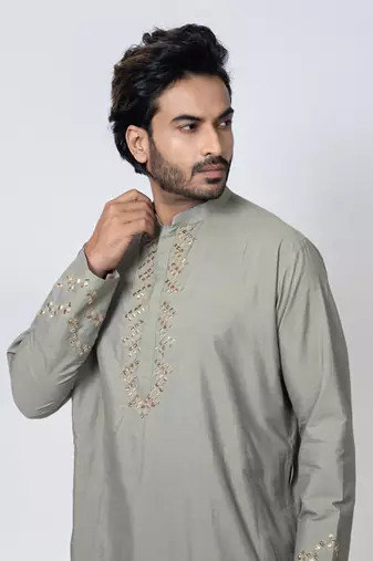 Grey cotton silk mens kurta set