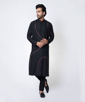Black cotton silk mens kurta set 3
