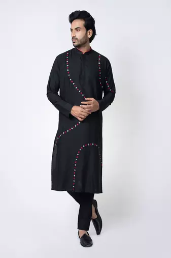 Black cotton silk mens kurta set