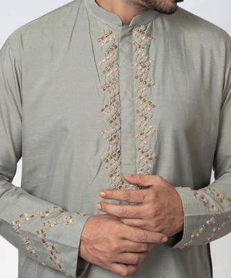 Grey cotton silk mens kurta set 5