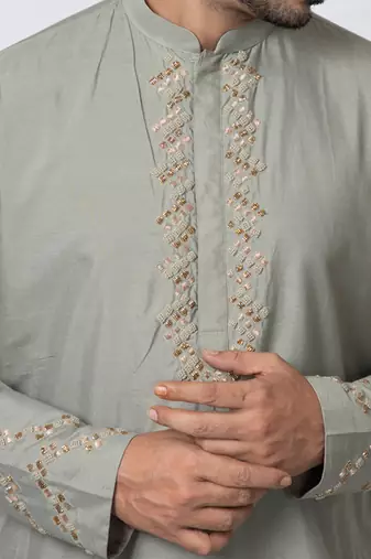 Grey cotton silk mens kurta set