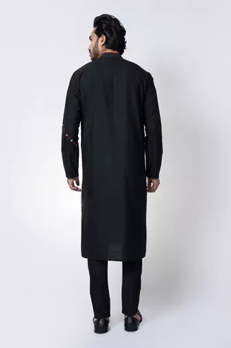 Black cotton silk mens kurta set