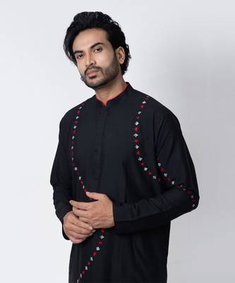 Black cotton silk mens kurta set 5