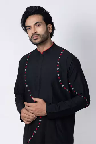 Black cotton silk mens kurta set