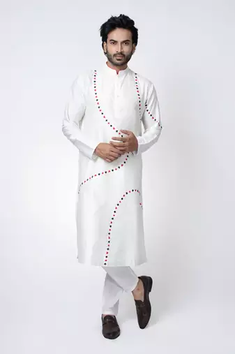 Off white cotton silk mens kurta set