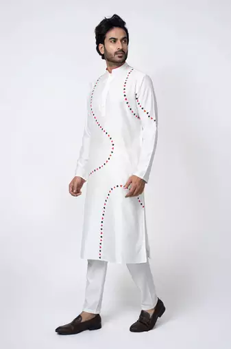 Off white cotton silk mens kurta set