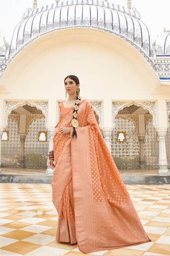 Kimisha women's peach georgette woven saree with unstitched blouse piece