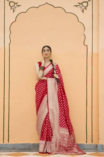 Kimisha women's red georgette woven saree with unstitched blouse piece