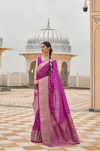 Kimisha women's magenta georgette woven saree with unstitched blouse piece