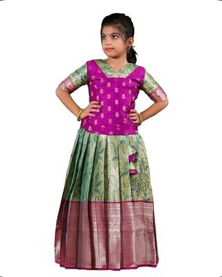 Shivangi Banarasi Silk Printed Green and Pink Lehenga Choli for Girls 1