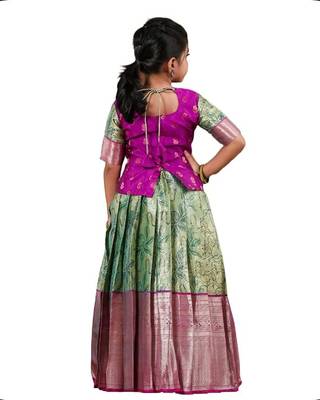 Shivangi Banarasi Silk Printed Green and Pink Lehenga Choli for Girls 2