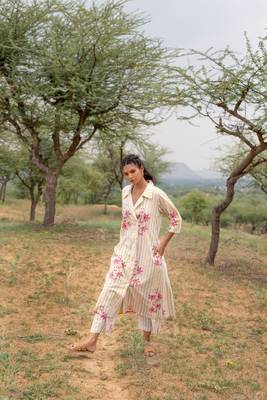 White hand block printed cotton coord set 2