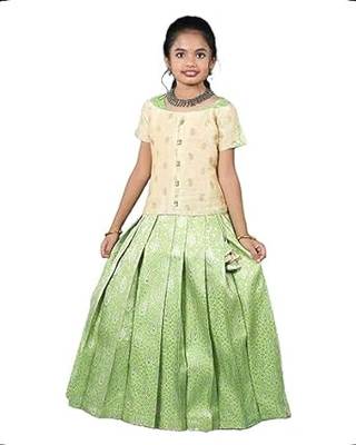 Girls Parrot Green Silver Pattu Pavadai 1