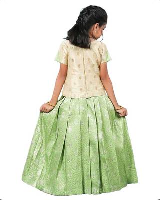 Girls Parrot Green Silver Pattu Pavadai 2