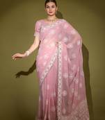 Pink color heavy laknavi threads work and same work lace border  all over saree with unstiched blouse