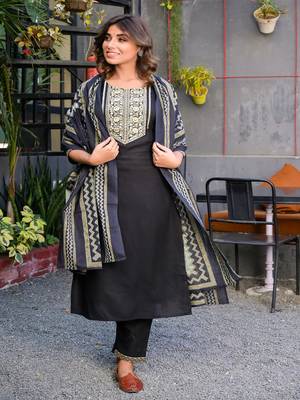 women black & beige yoke design kurta with trousers & dupatta 2