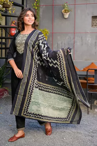 women black & beige yoke design kurta with trousers & dupatta
