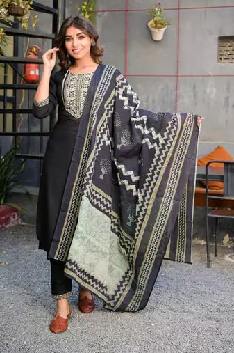 women black & beige yoke design kurta with trousers & dupatta