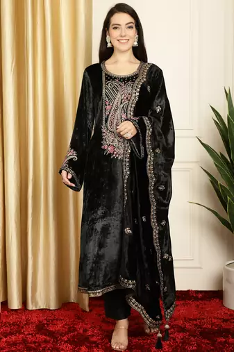 Stylee lifestyle black velvet embroidered dress material