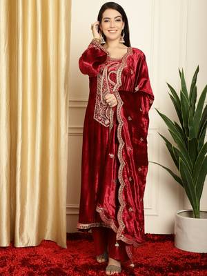 maroon velvet embroidered dress material 1