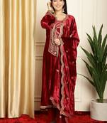 maroon velvet embroidered dress material