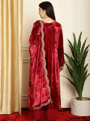 maroon velvet embroidered dress material 2