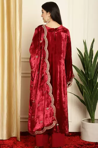 maroon velvet embroidered dress material