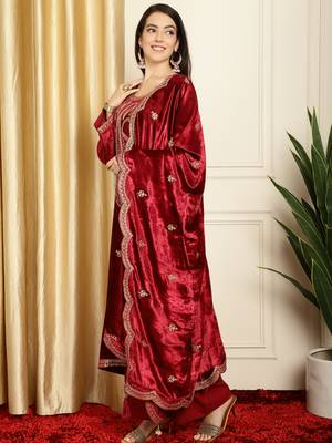 maroon velvet embroidered dress material 3