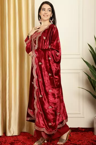 maroon velvet embroidered dress material