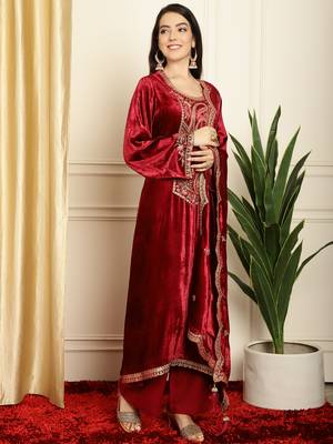 maroon velvet embroidered dress material 4