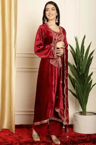 maroon velvet embroidered dress material
