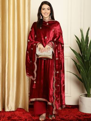 maroon velvet embroidered dress material 5
