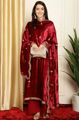 maroon velvet embroidered dress material