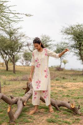 White hand block printed cotton kurta pant set 1