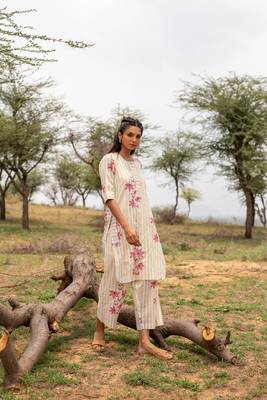 White hand block printed cotton kurta pant set 2