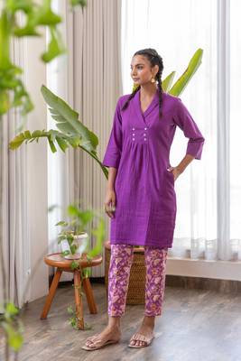 Purple cotton kurta with hand block printed pants set 1