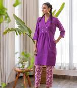 Purple cotton kurta with hand block printed pants set