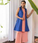 Orange hand block printed kurta pant with blue jacket set