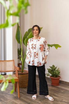 White hand block printed top with black pants set 1
