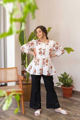 White hand block printed top with black pants set 2