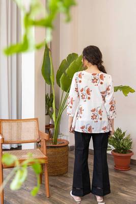 White hand block printed top with black pants set 3