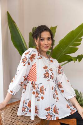 White hand block printed top with black pants set 4