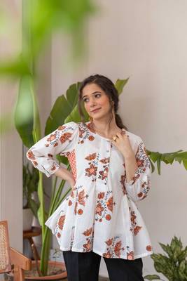 White hand block printed top with black pants set 5