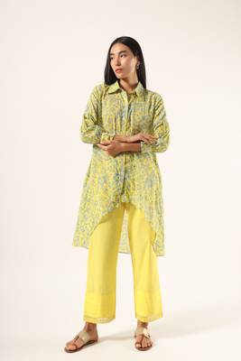 Yellow hand block printed kurta with yellow pants set 1