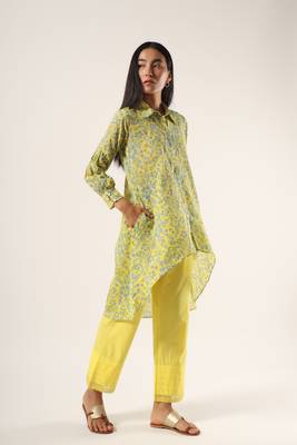 Yellow hand block printed kurta with yellow pants set 3